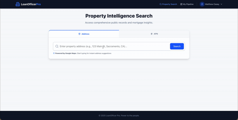 Loan Officer Intelligence application demo showing real-time property search with ownership details, mortgage information, and market data analysis for refinance assessment