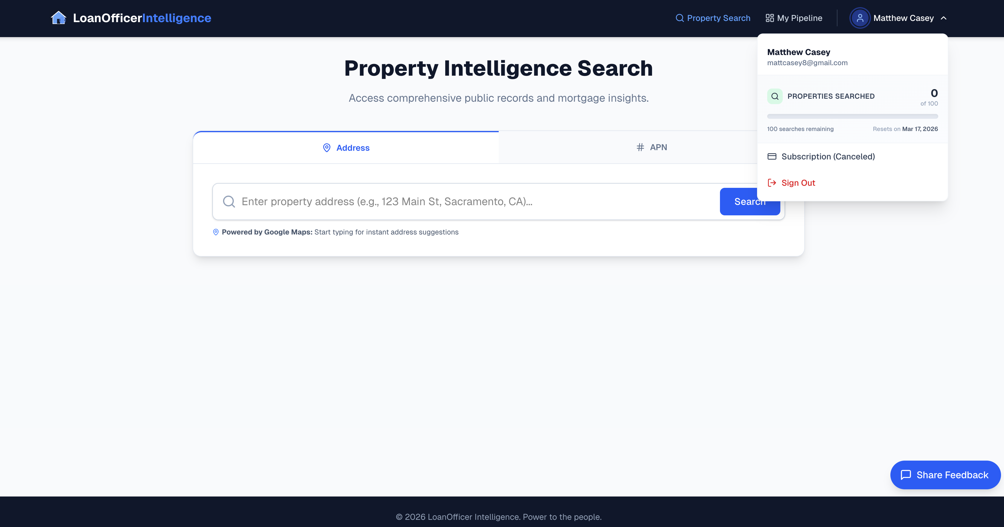 Account dropdown menu showing the Subscription option in Loan Officer Intelligence